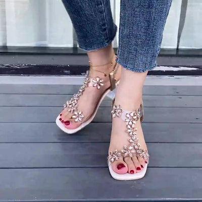 Jennifer | Sandali con tacco largo con fiore e strass per donna