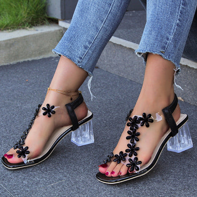 Jennifer | Sandali con tacco largo con fiore e strass per donna