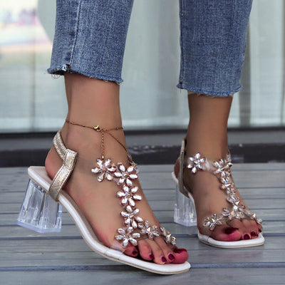 Jennifer | Sandali con tacco largo con fiore e strass per donna