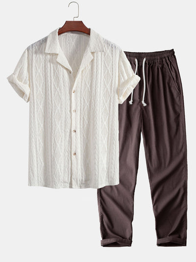 Jessica | Camicia Cubana in Jacquard Geometrico con Occhielli & Pantaloni in Lino a Gamba Dritta
