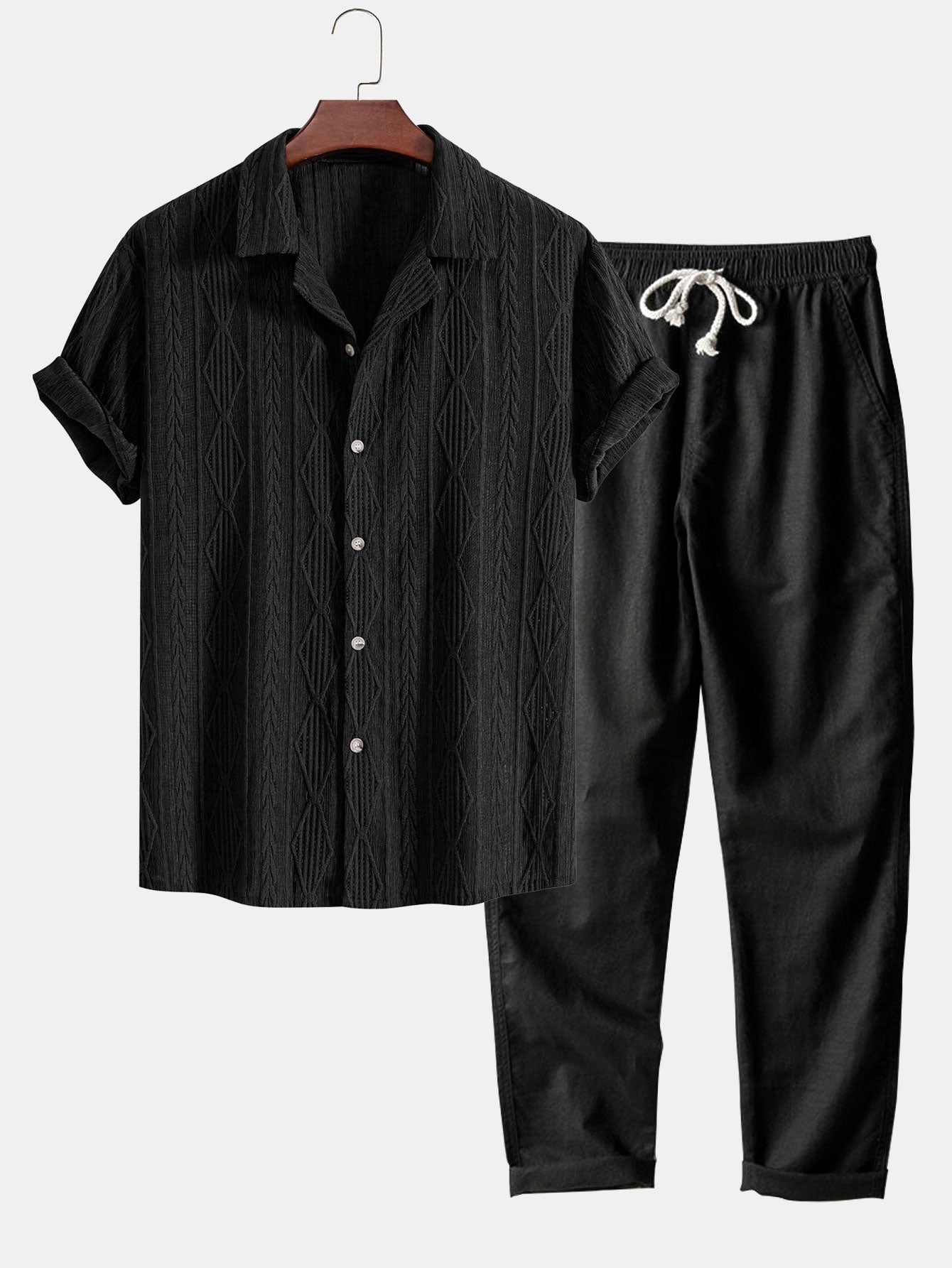 Jessica | Camicia Cubana in Jacquard Geometrico con Occhielli & Pantaloni in Lino a Gamba Dritta