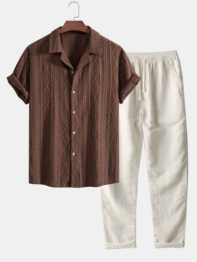 Jessica | Camicia Cubana in Jacquard Geometrico con Occhielli & Pantaloni in Lino a Gamba Dritta