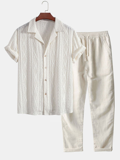 Jessica | Camicia Cubana in Jacquard Geometrico con Occhielli & Pantaloni in Lino a Gamba Dritta