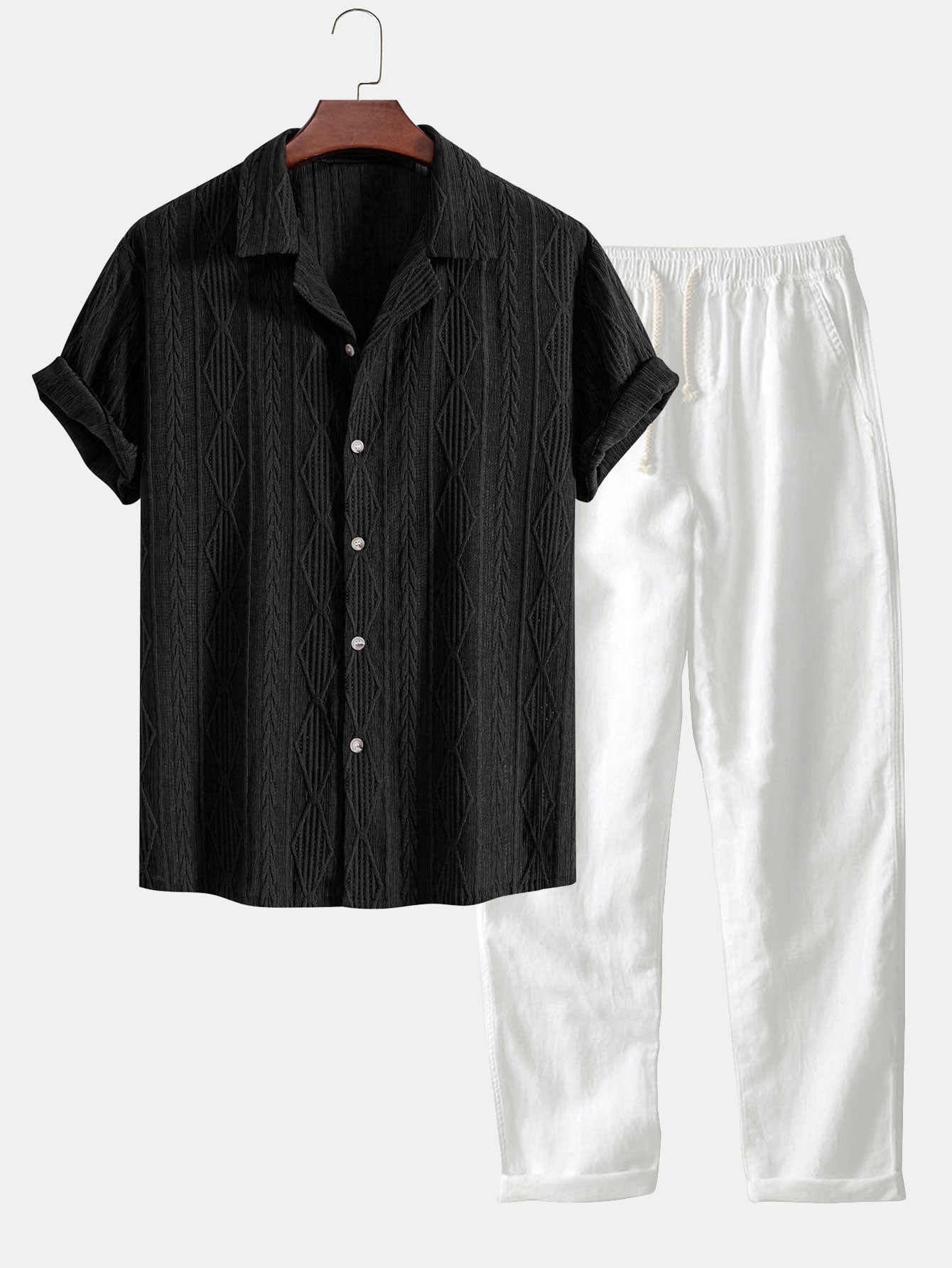 Jessica | Camicia Cubana in Jacquard Geometrico con Occhielli & Pantaloni in Lino a Gamba Dritta