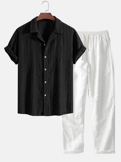 Jessica | Camicia Cubana in Jacquard Geometrico con Occhielli & Pantaloni in Lino a Gamba Dritta