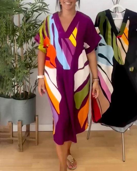 Jennifer | Vestito Elegante con Stampa di Foglie Colorate