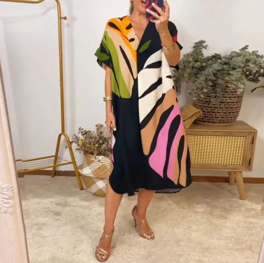 Jennifer | Vestito Elegante con Stampa di Foglie Colorate