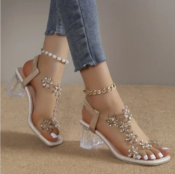 Jennifer | Sandali con tacco largo con fiore e strass per donna