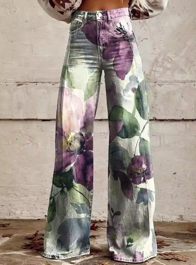 Pantaloni vintage boho con stampa floreale viola