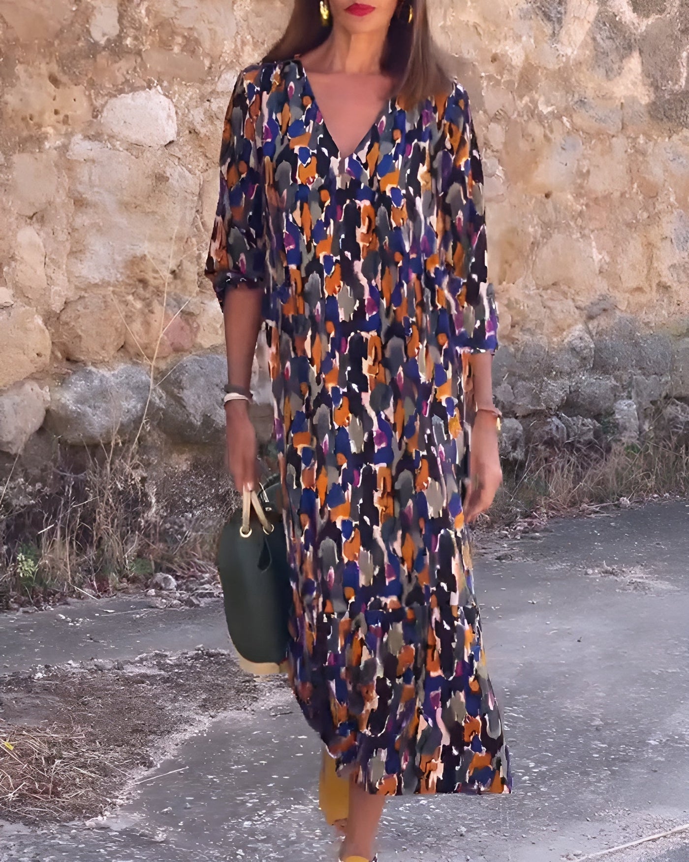 Faius™ | Abito con scollo a V e stampa retrò