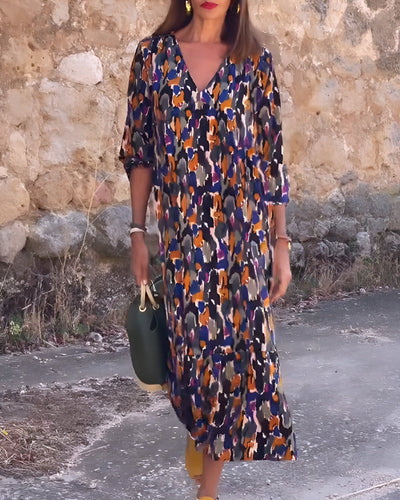 Faius™ | Abito con scollo a V e stampa retrò
