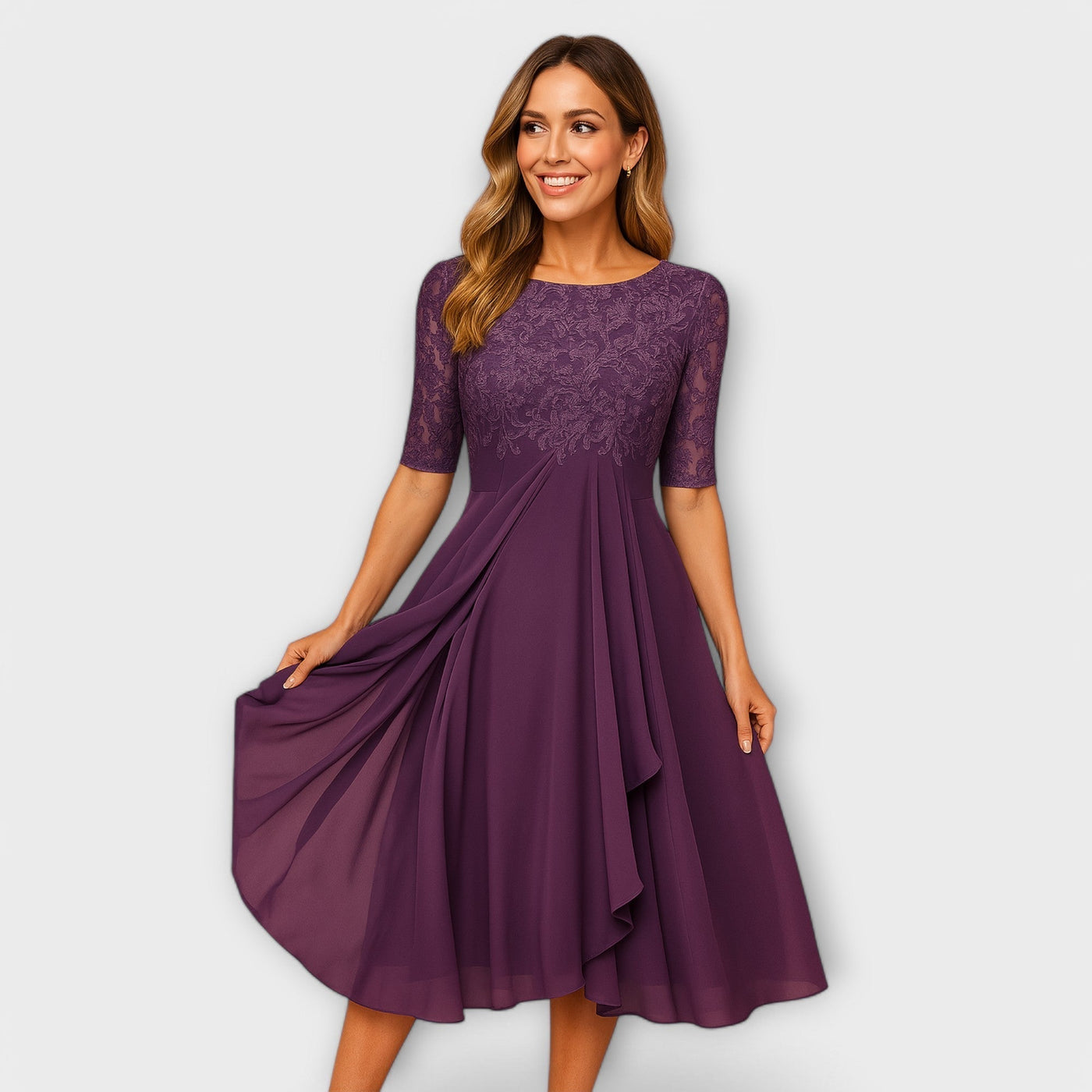 Abito classico in chiffon e pizzo con scollo a barca