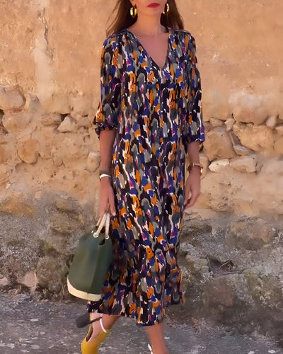 Nathalie | Abito Elegante a V Stampato Retrò