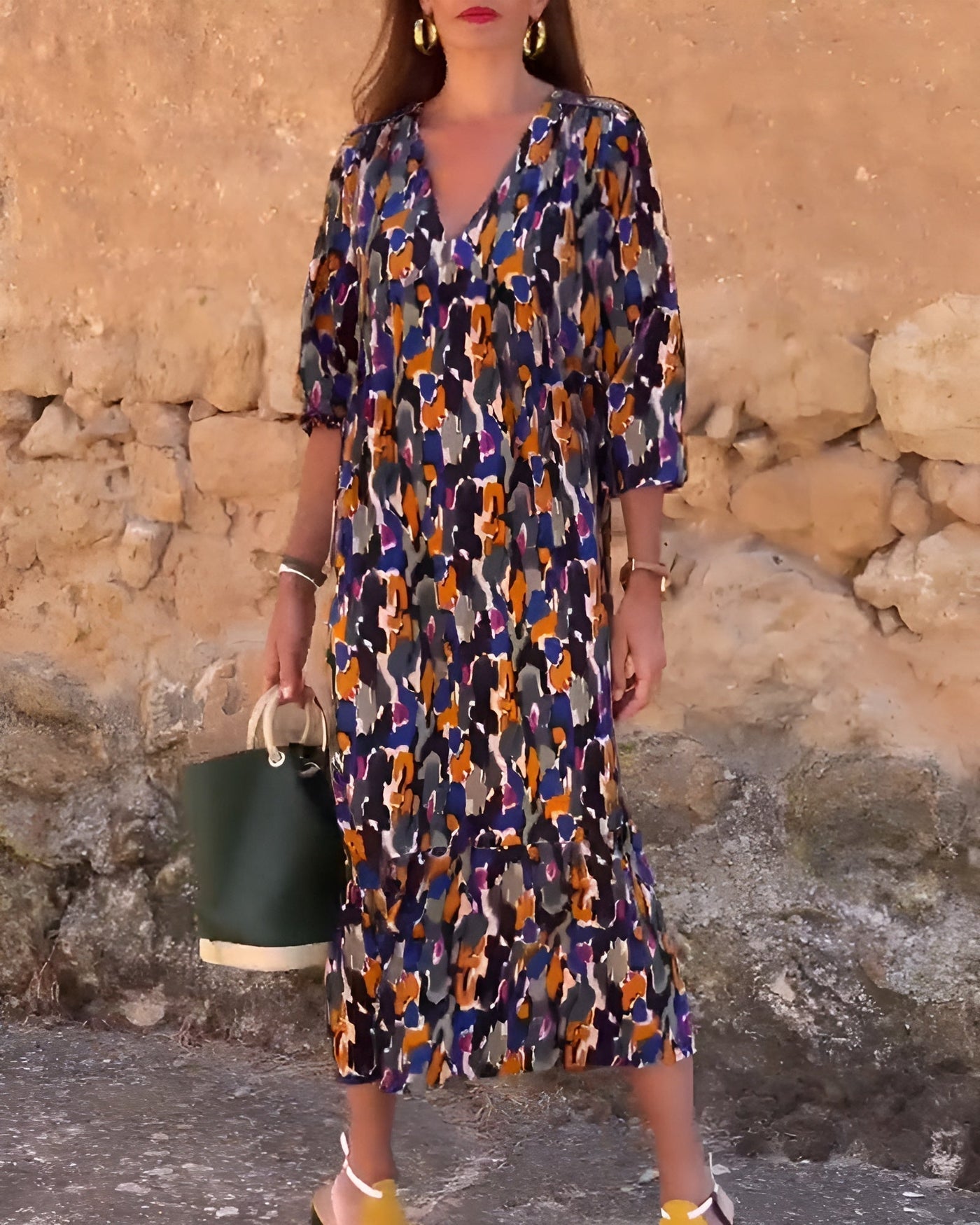 Faius™ | Abito con scollo a V e stampa retrò