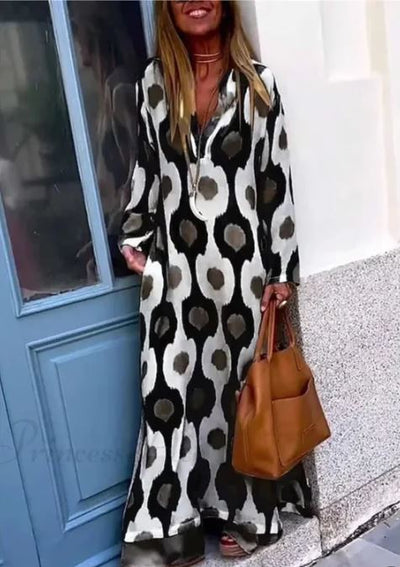 Jennifer | Abito Elegante con Collo a V e Stampa Geometrica Autunnale