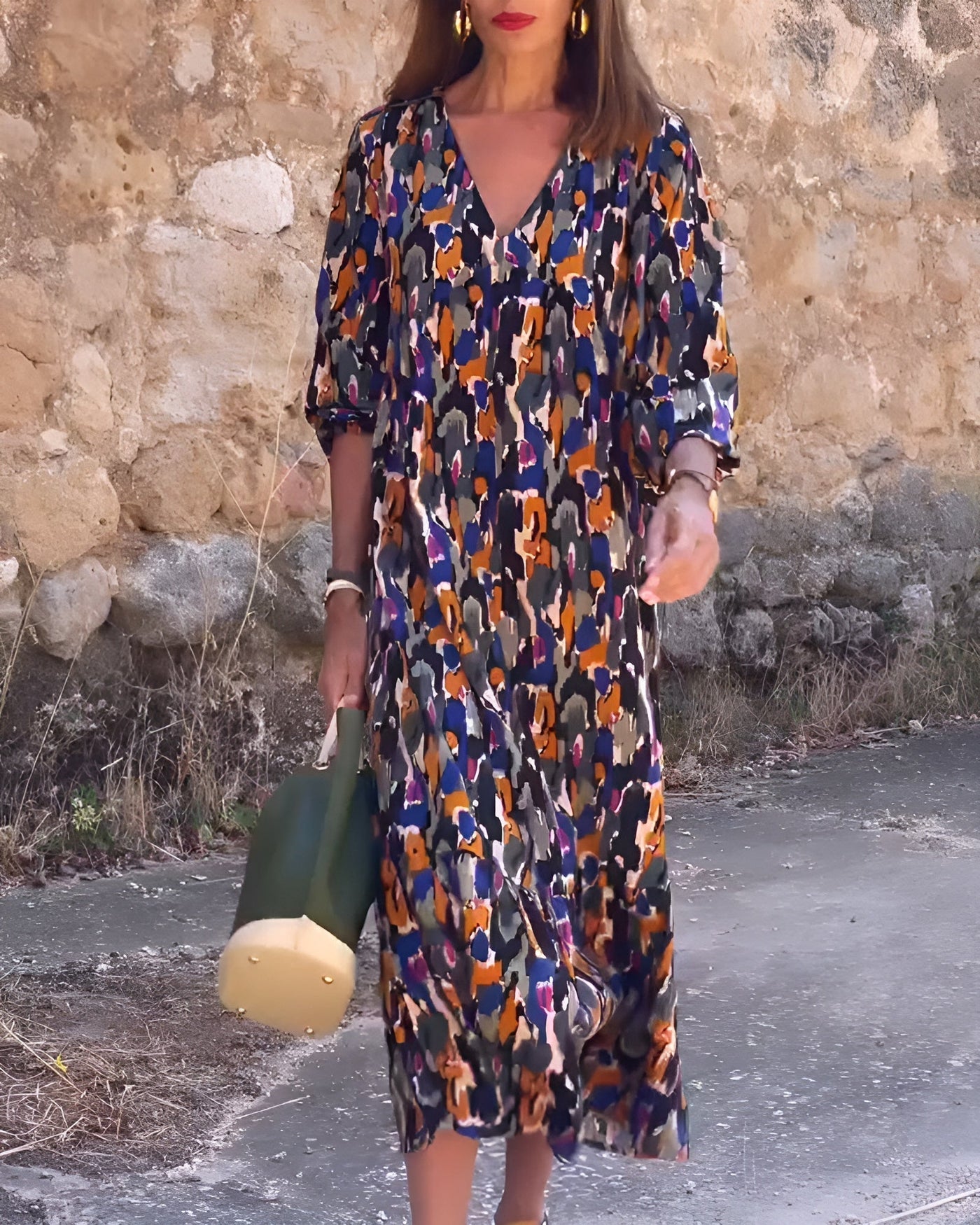 Faius™ | Abito con scollo a V e stampa retrò