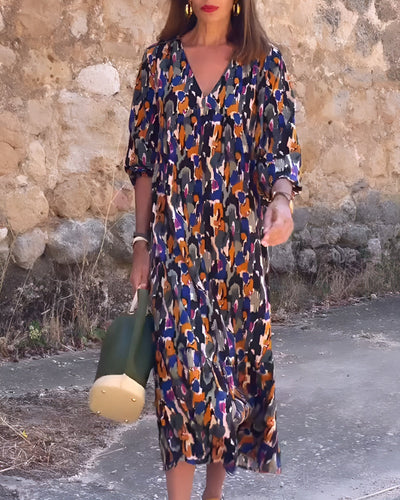 Faius™ | Abito con scollo a V e stampa retrò