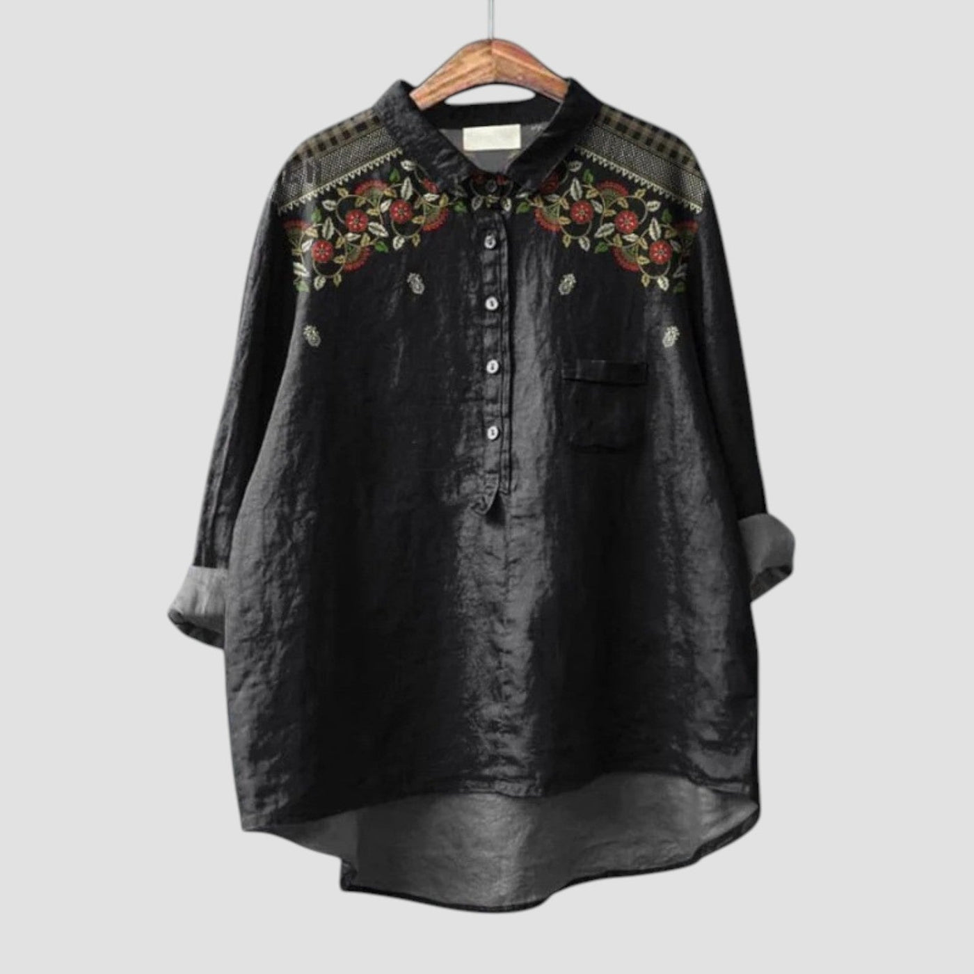 Orlina™ | Camicia oversize nera rilassata con ricami floreali
