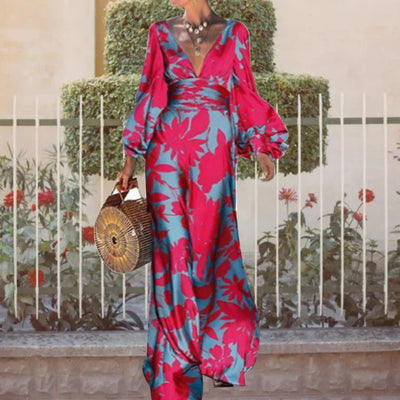 Elegante abito lungo con scollo a V e vita alta