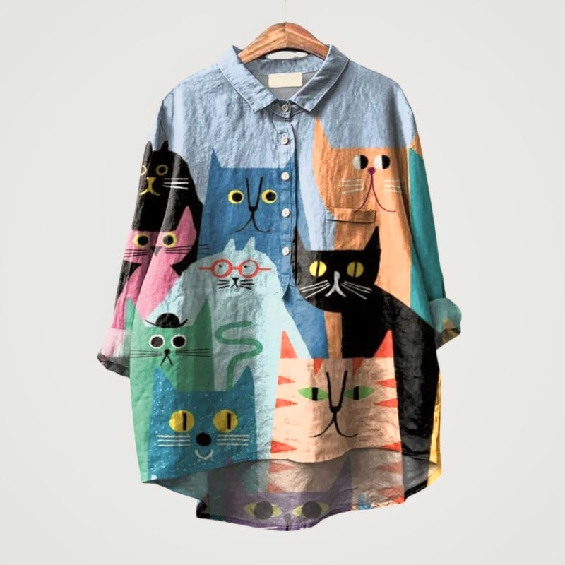 Elina™ | Camicia oversize con gatti colorati per un comfort casual immediato