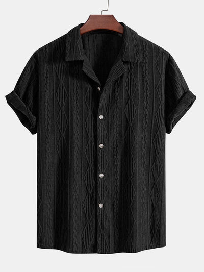 Jessica | Camicia Cubana in Jacquard Geometrico con Occhielli & Pantaloni in Lino a Gamba Dritta