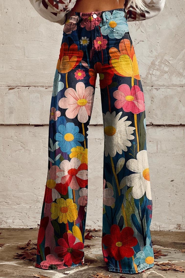 Pantaloni vintage boho con stampa floreale vibrante