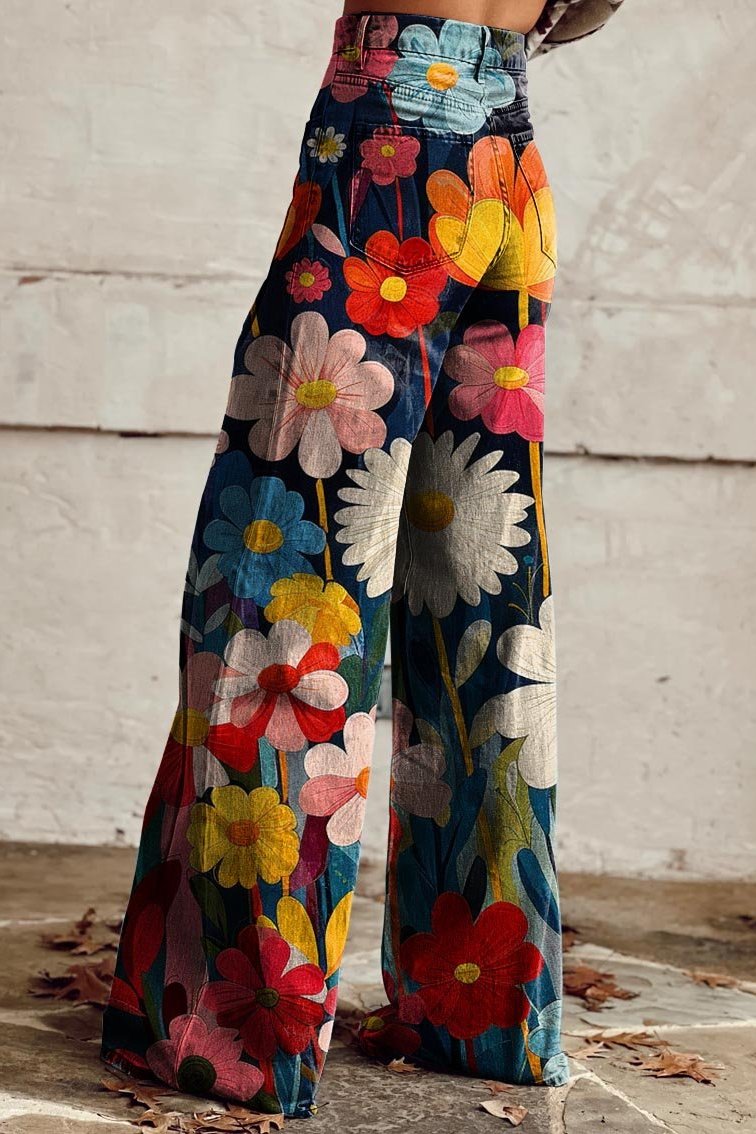 Pantaloni vintage boho con stampa floreale vibrante
