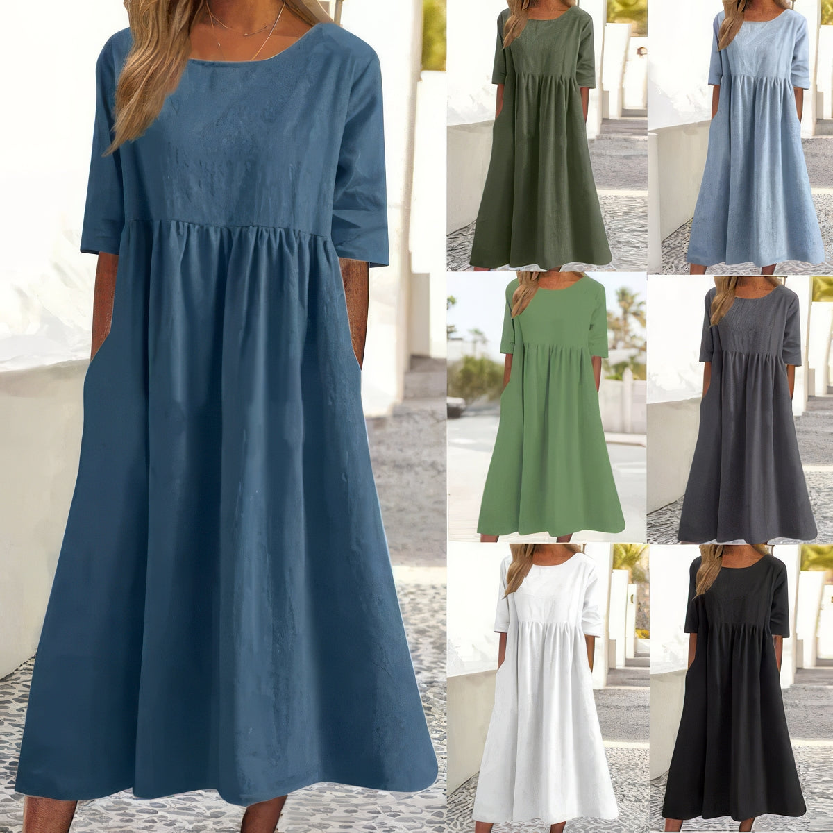 Jennifer | Abito Elegante in Cotone con Collo Rotondo e Tasche