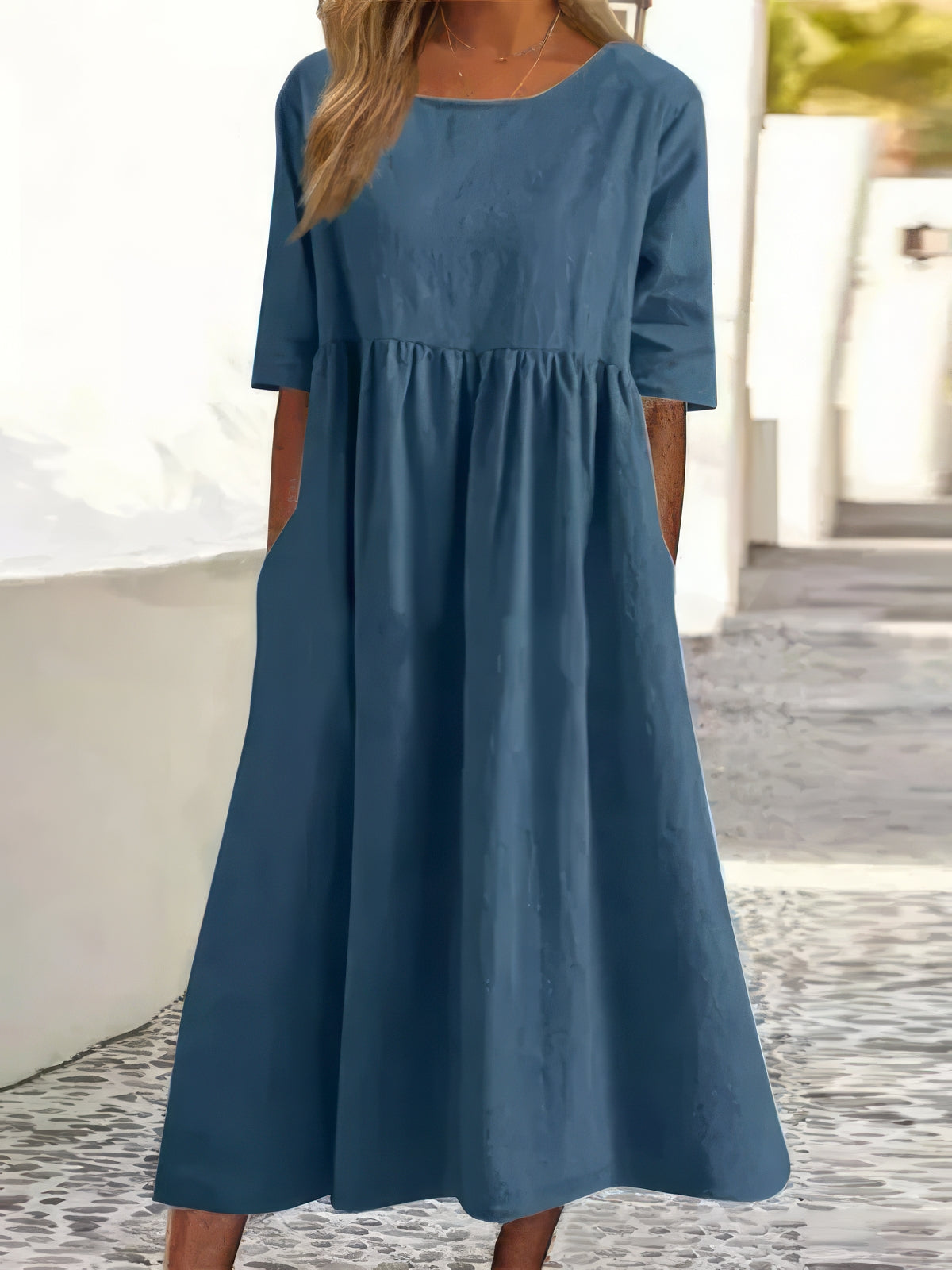 Jennifer | Abito Elegante in Cotone con Collo Rotondo e Tasche