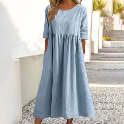 Jennifer | Abito Elegante in Cotone con Collo Rotondo e Tasche