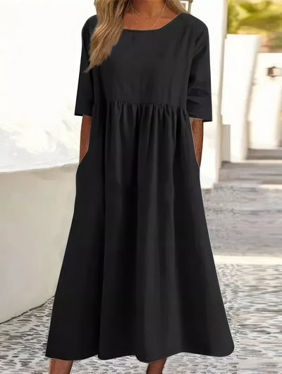 Jennifer | Abito Elegante in Cotone con Collo Rotondo e Tasche