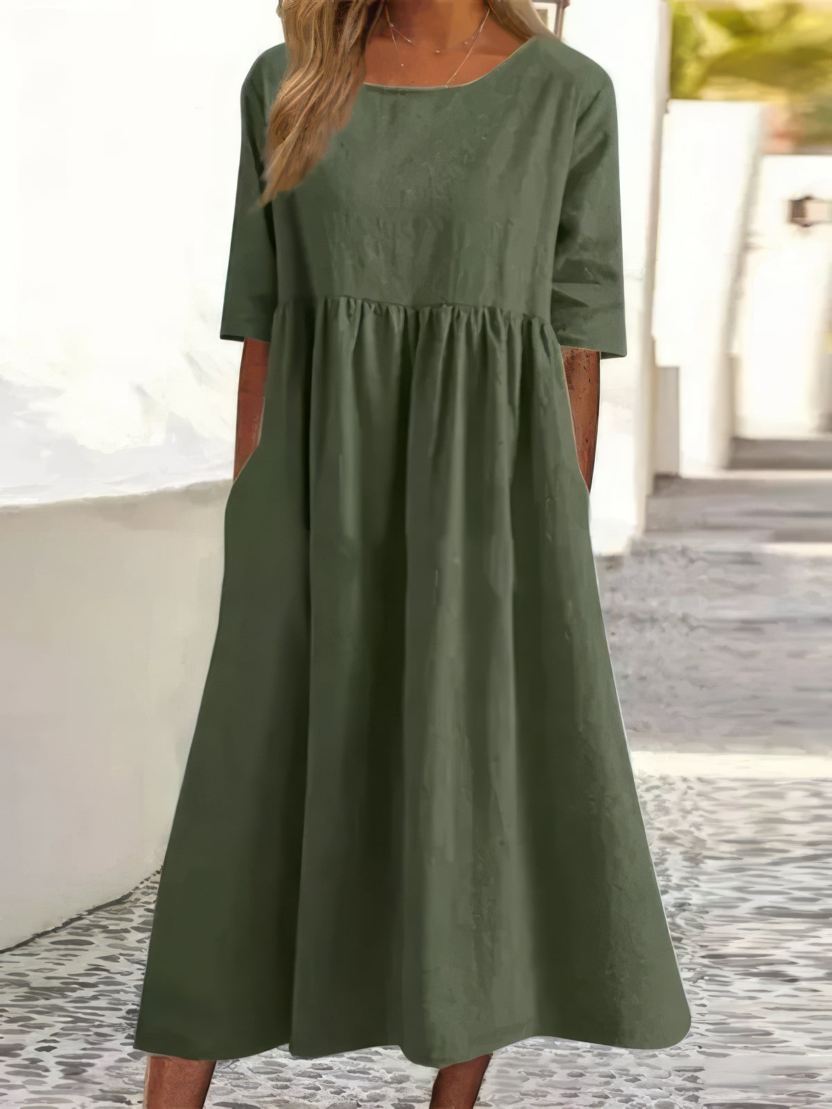 Jennifer | Abito Elegante in Cotone con Collo Rotondo e Tasche