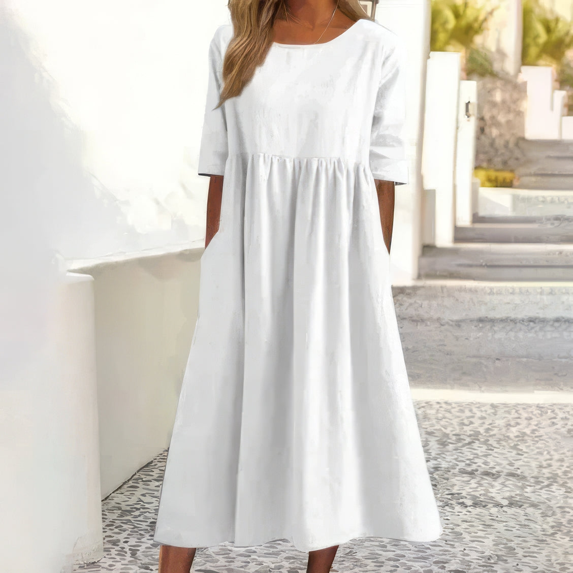 Jennifer | Abito Elegante in Cotone con Collo Rotondo e Tasche